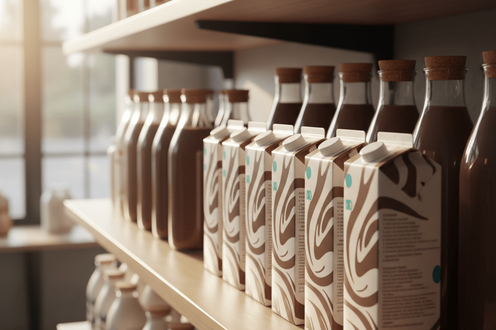 Dairy products including milk cartons and bottles on a grocery store shelf under natural light, emphasizing quality control