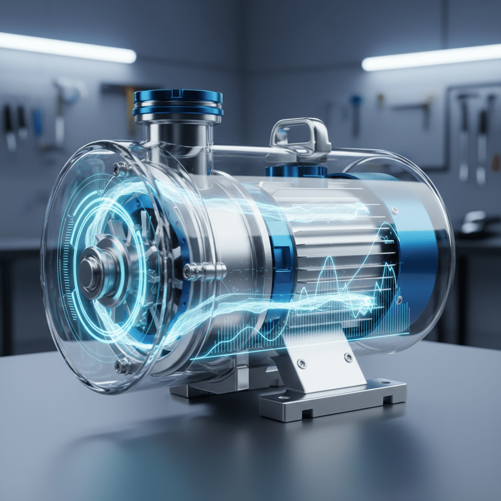 Cutaway of futuristic well pump showing variable speed motor and impeller in flowing water.