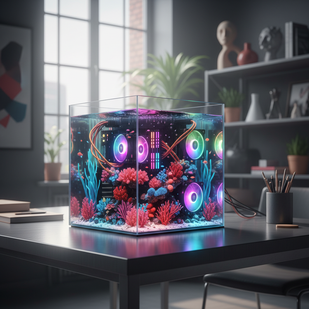 Futuristic cube PC build resembling a coral reef fish tank with ARGB lighting.