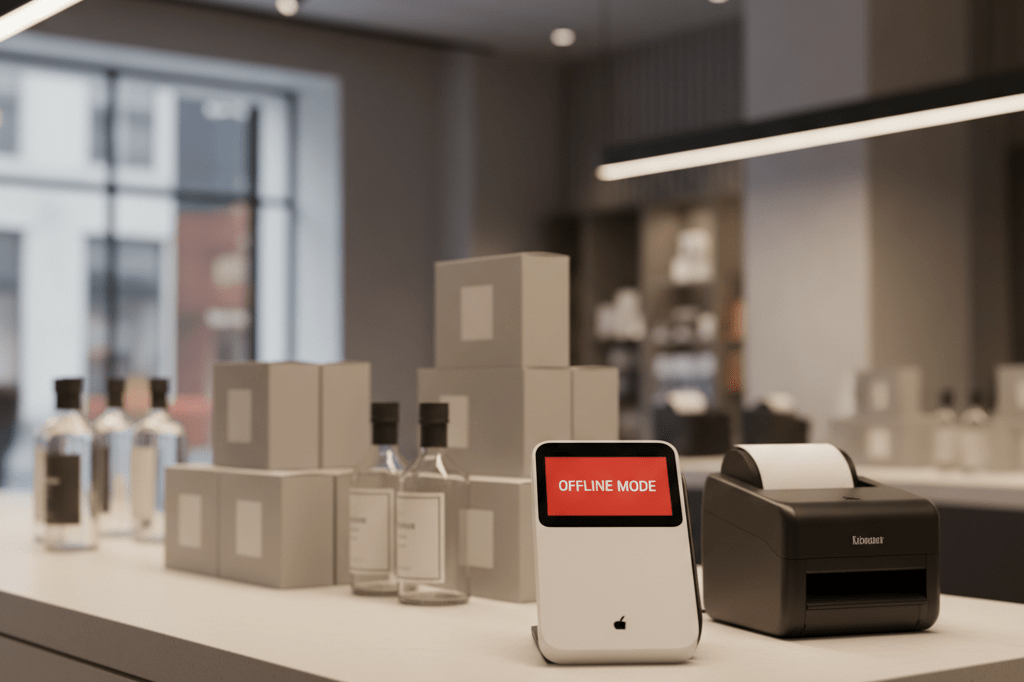 Modern retail checkout counter with offline payment systems functioning seamlessly amid internet outage