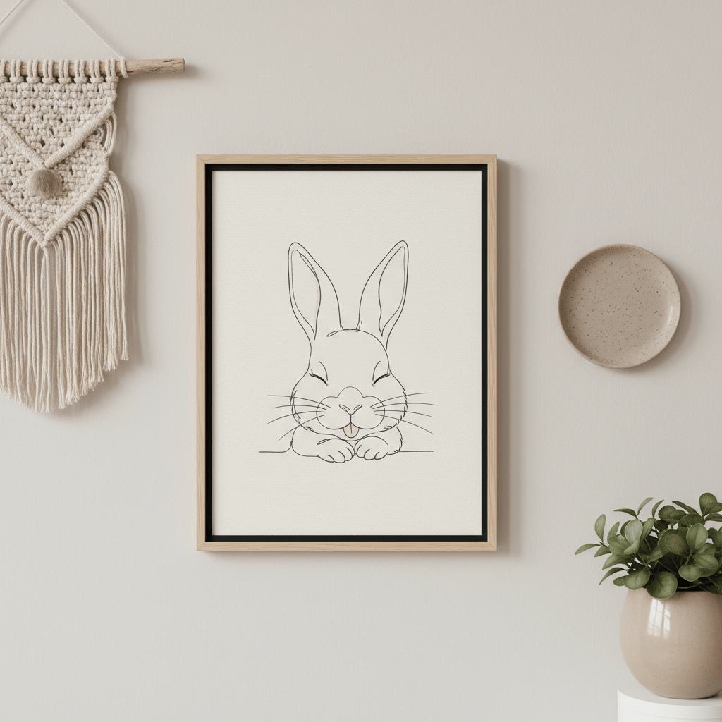 Minimalist nursery art featuring a charcoal bunny illustration on cream paper.