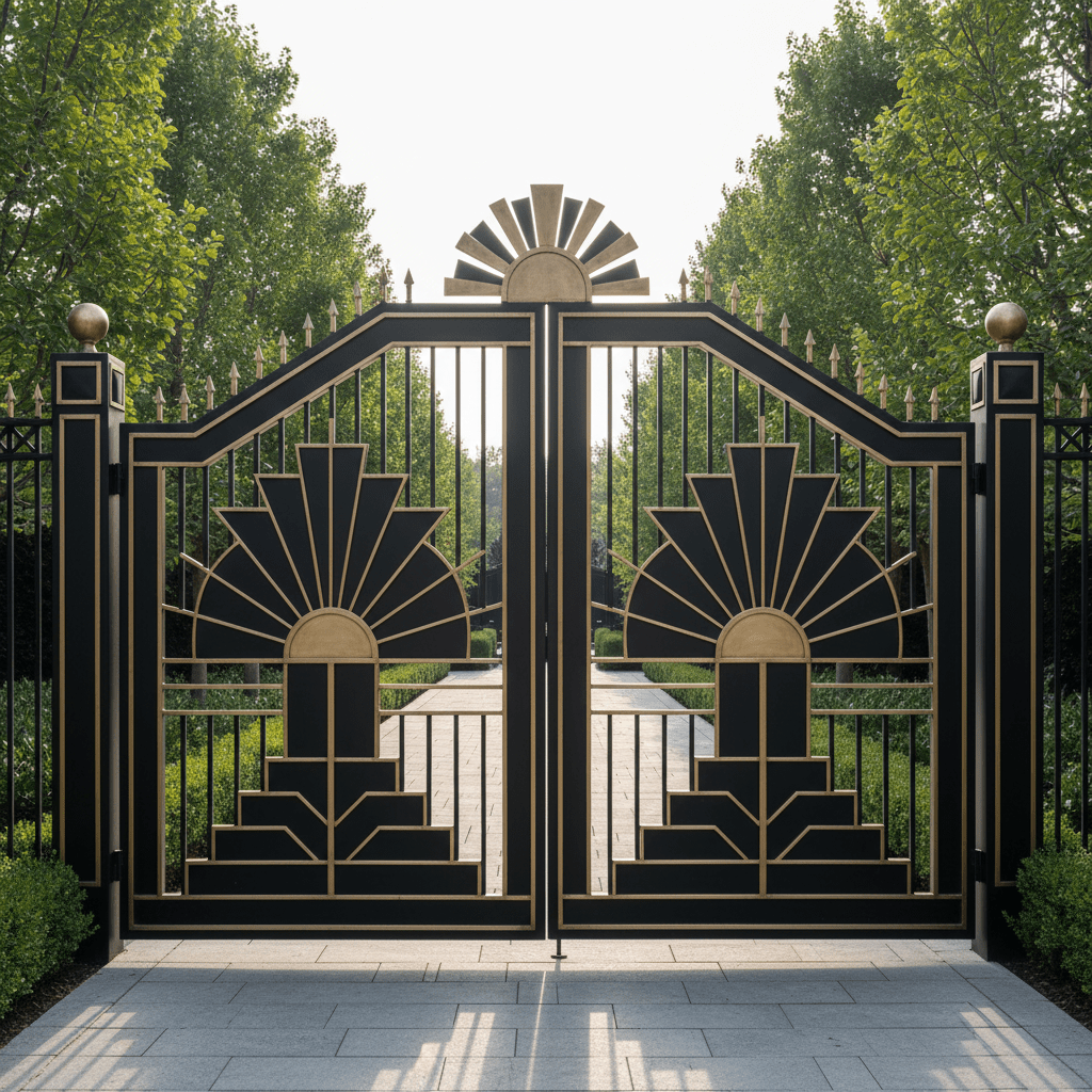 Grand Art Deco revival main gate with geometric patterns and sunburst centerpiece.