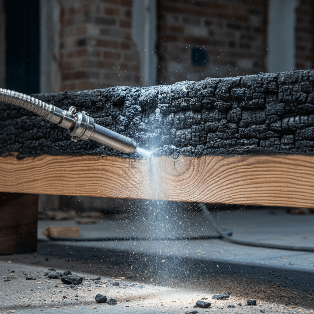 Dry ice blasting reveals clean wood grain against charred surface.