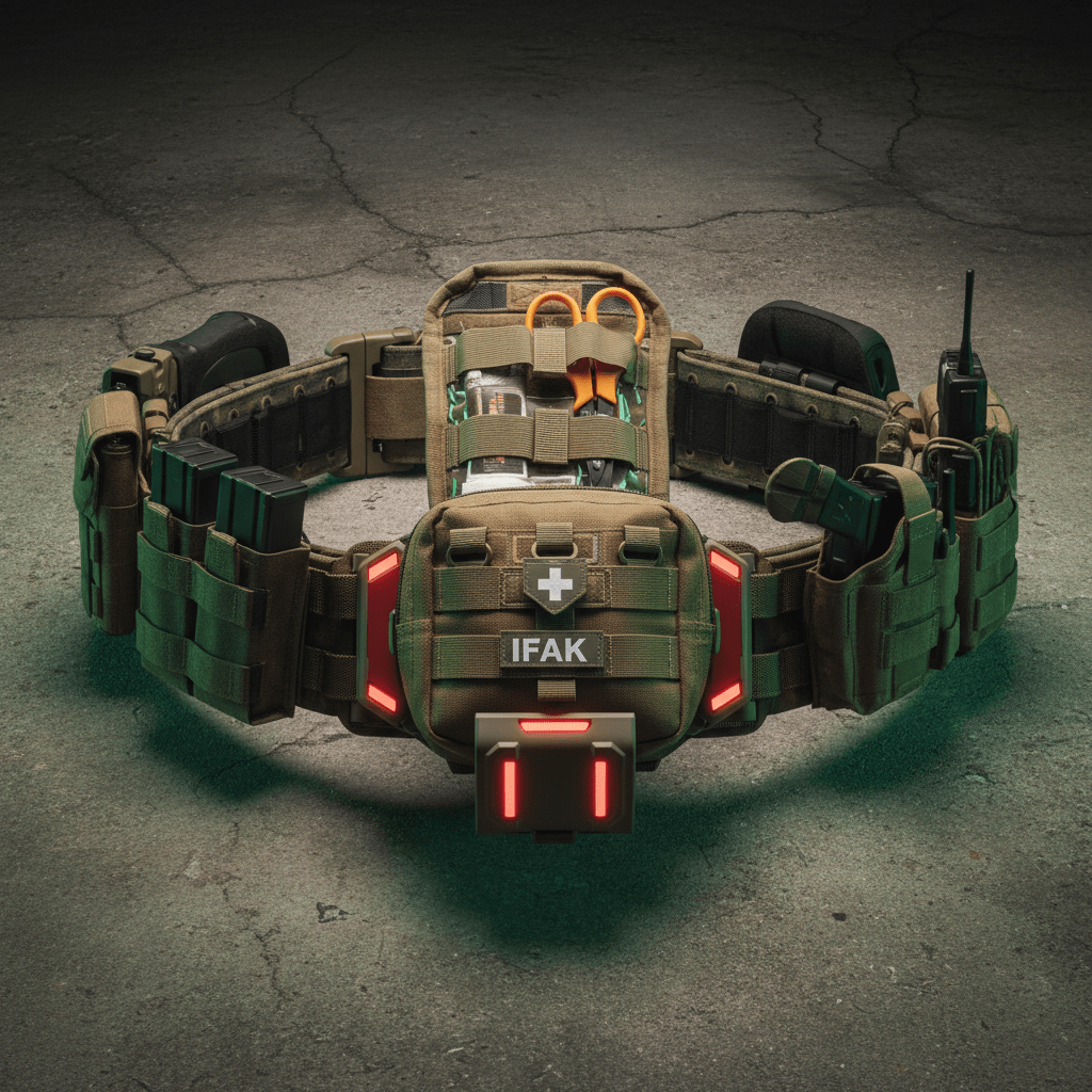 Tactical battle belt layout with rapid-deployment IFAK pouch on concrete.