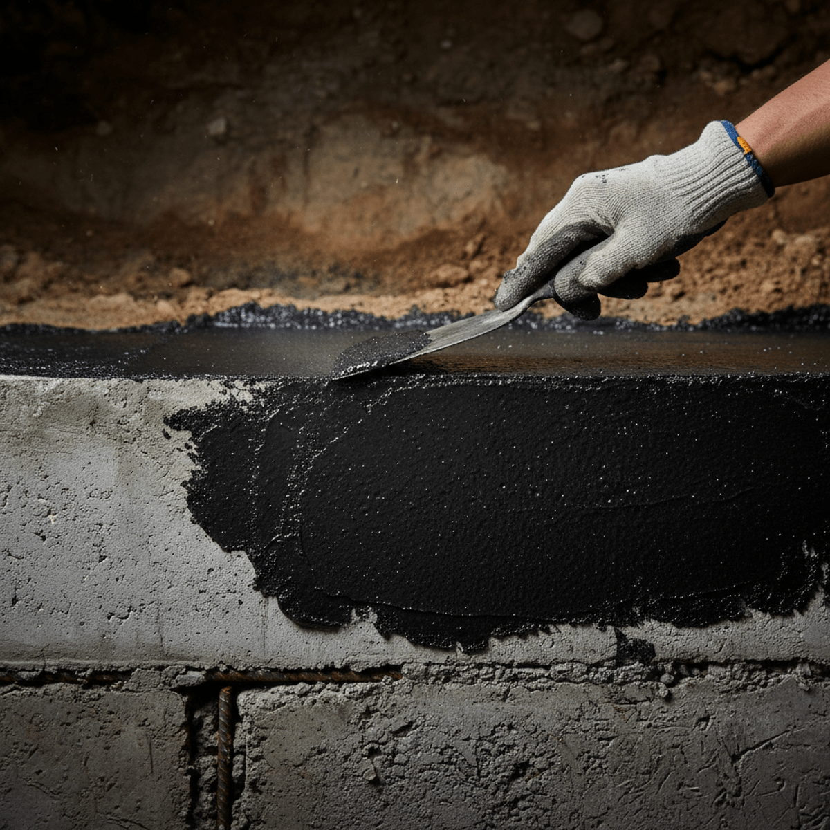 Worker applies thick black rubberized roof coating to foundation wall for impermeable barrier.