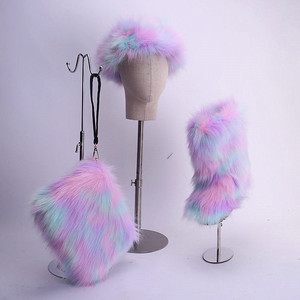 wholesale ladies faux fur boots headband with purse set colorful plush women shoes winter snow furry boots