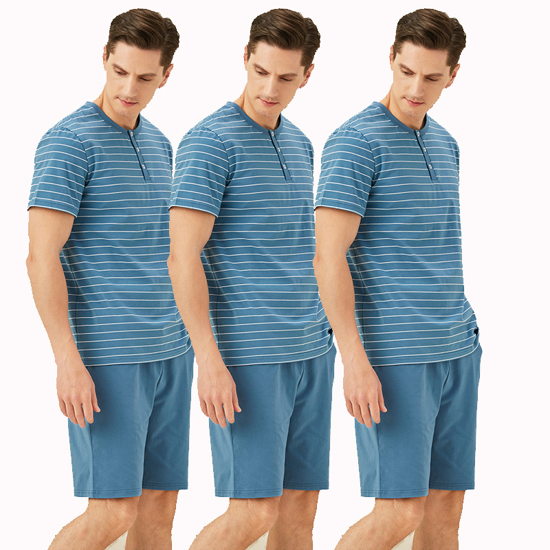 Лидер продаж, мужская хлопковая рубашка и шорты в синюю полоску, мужской комплект одежды для сна