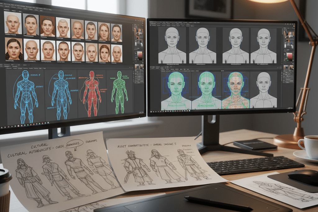 Medium shot of a professional game design setup showing character model references and software interfaces on dual monitors