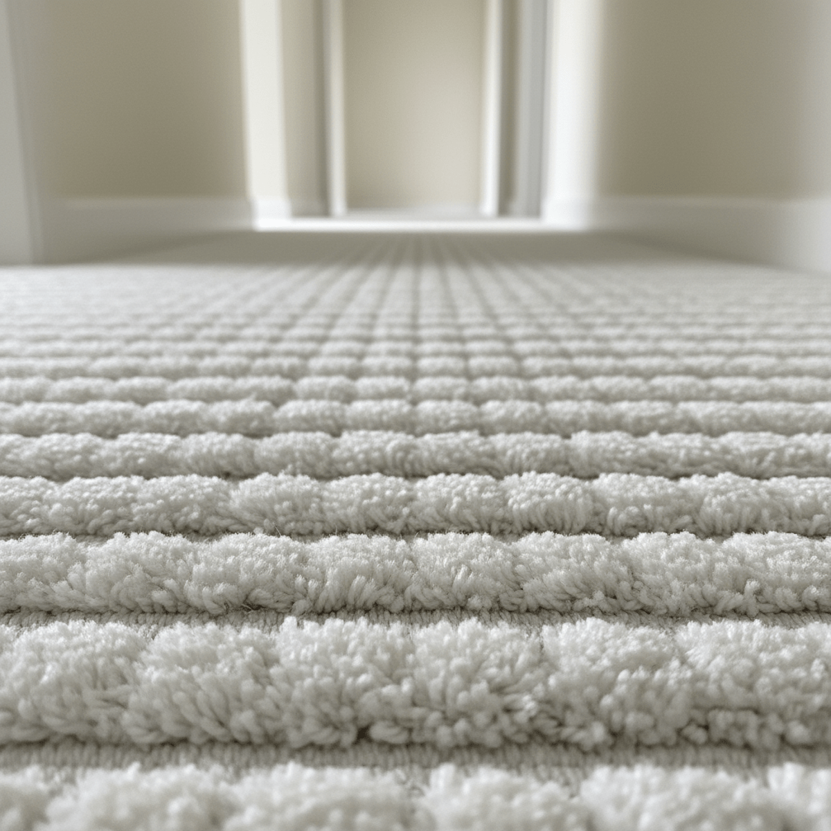 Close-up of a white striped ribbed carpet with tactile texture in a sleek hallway.