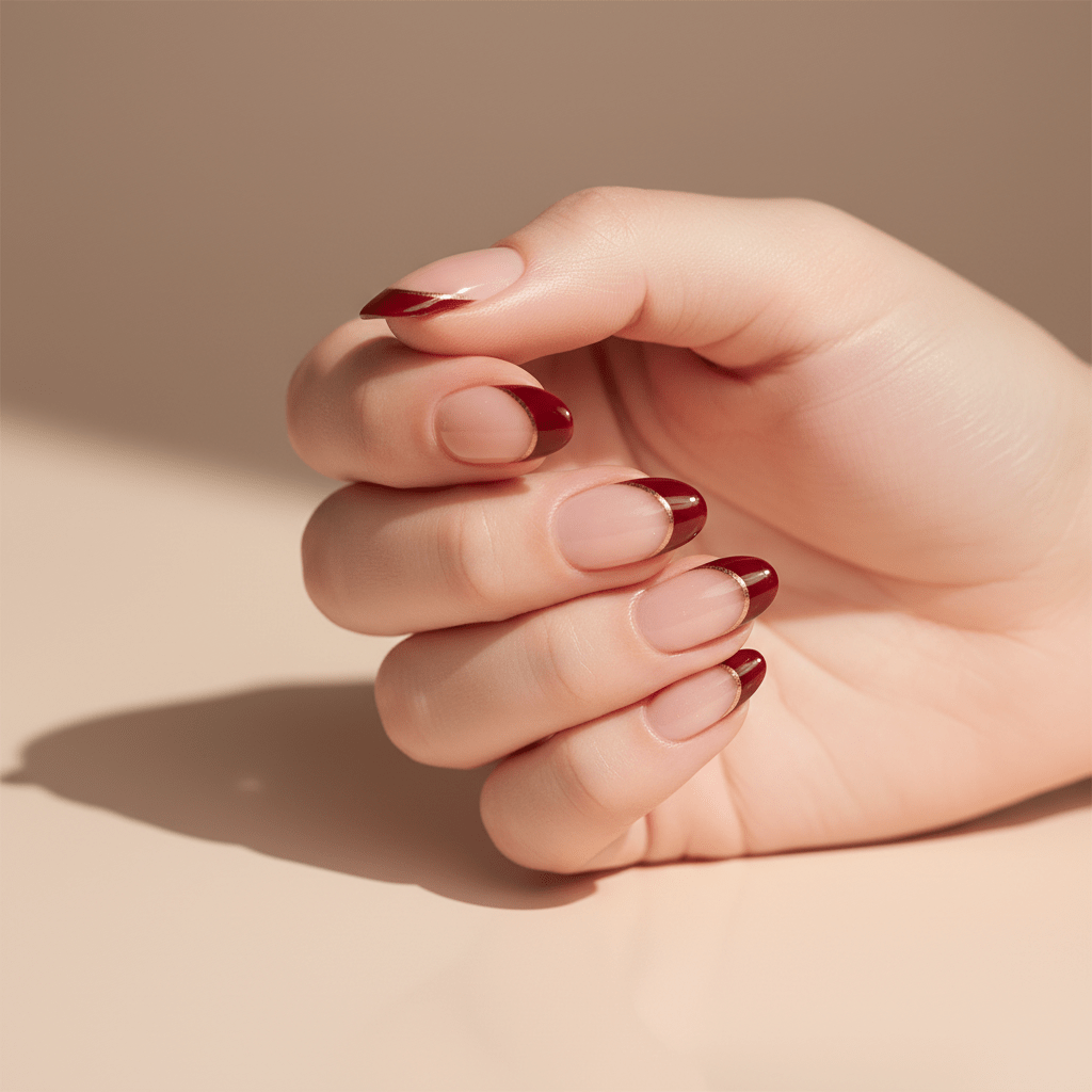 Close-up of cherry cola French tip nails with gold accent on champagne background.