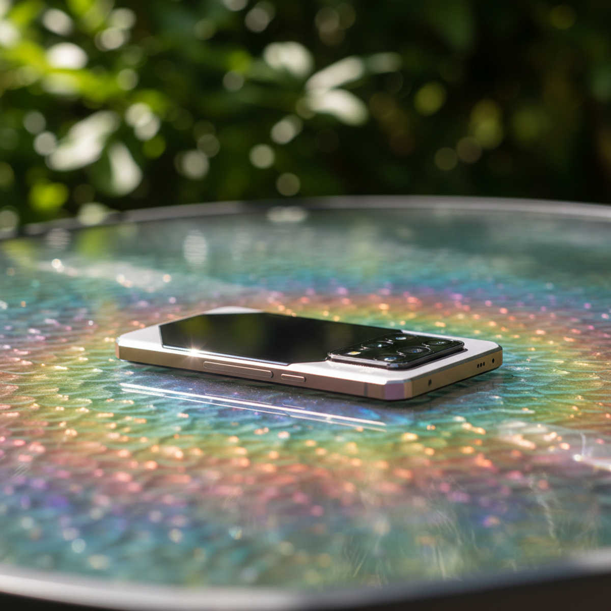 Modern phone with rainbow finish on reflective glass table in sunlight.