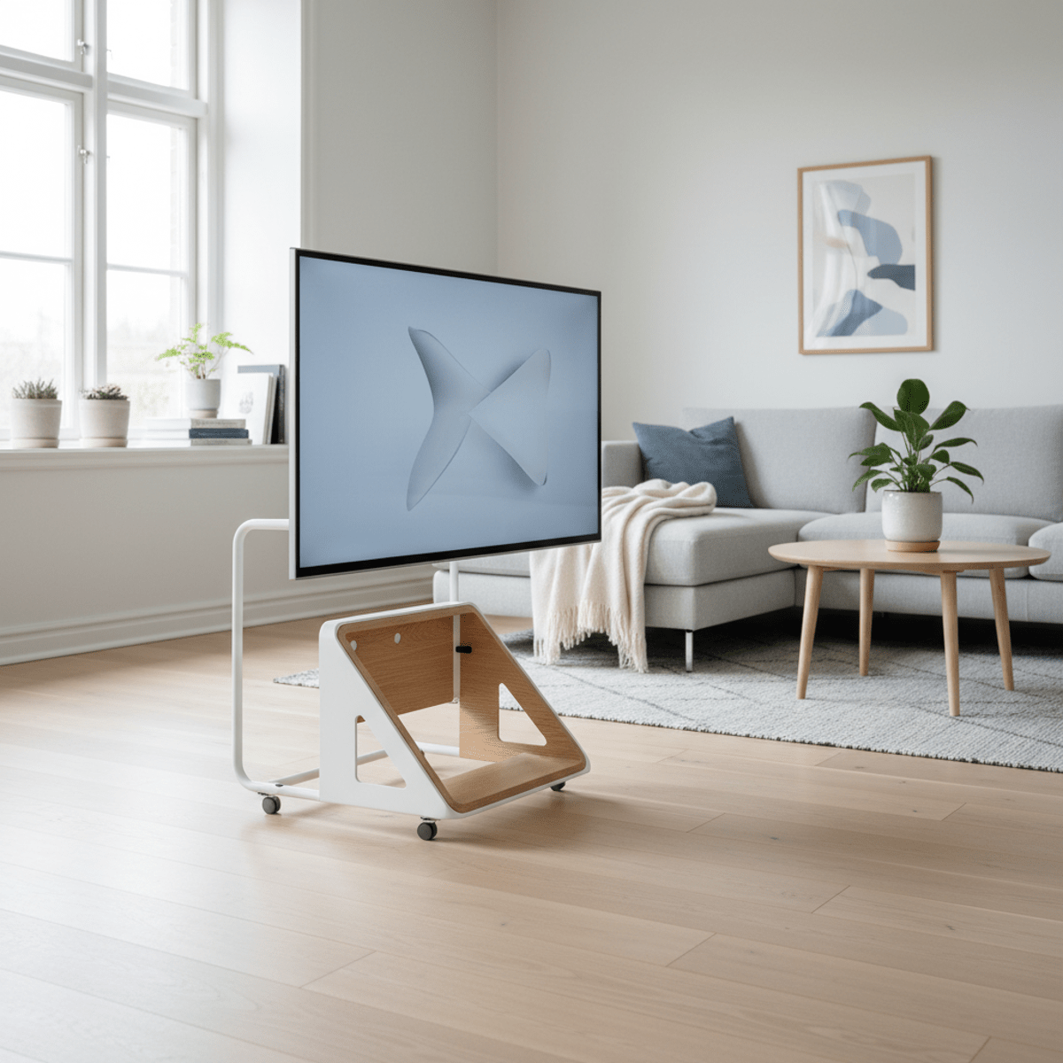 Bright Scandinavian living room with a portable TV on oak accents and metal frame.