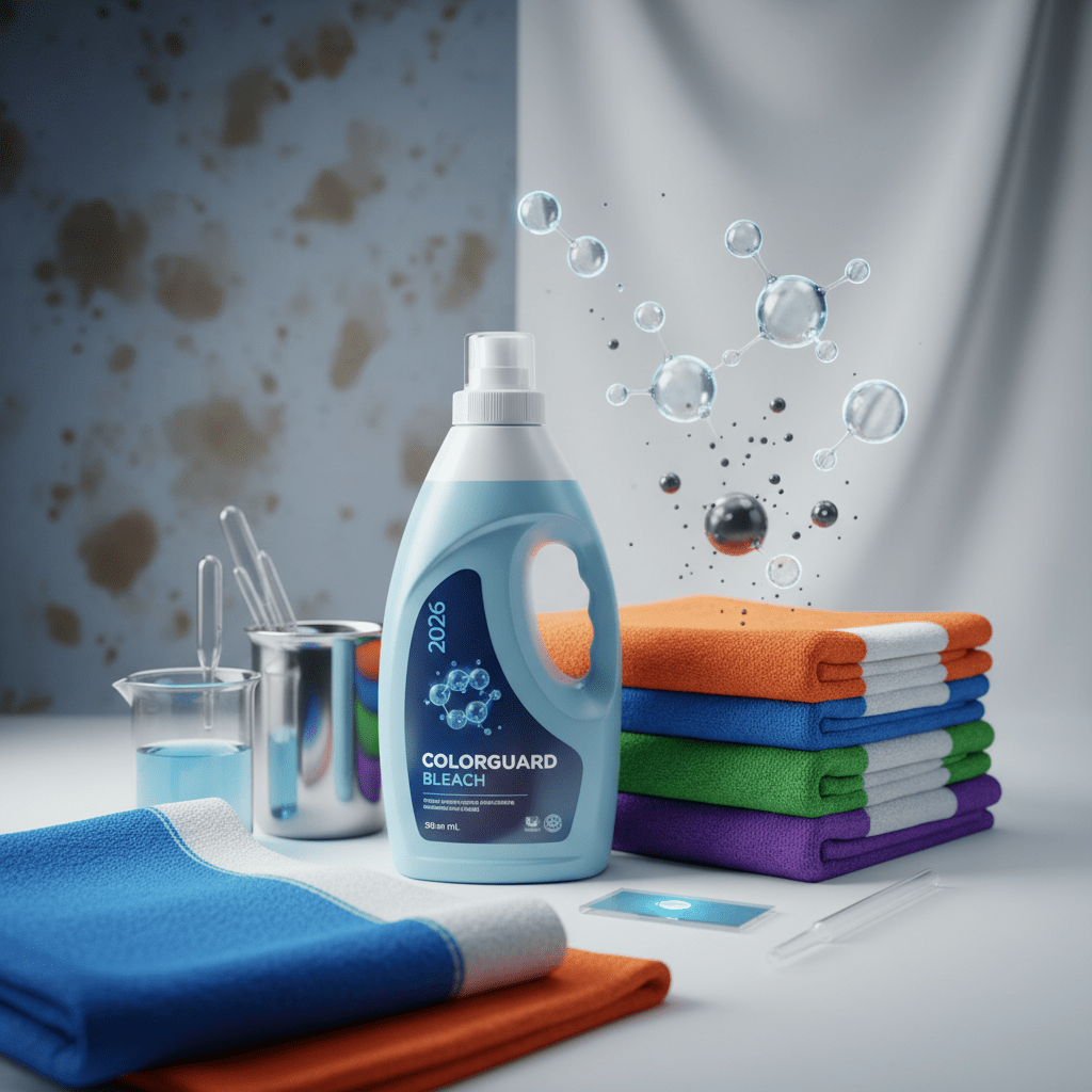 Bleach bottle beside colorful fabrics, enzymes breaking down stains.