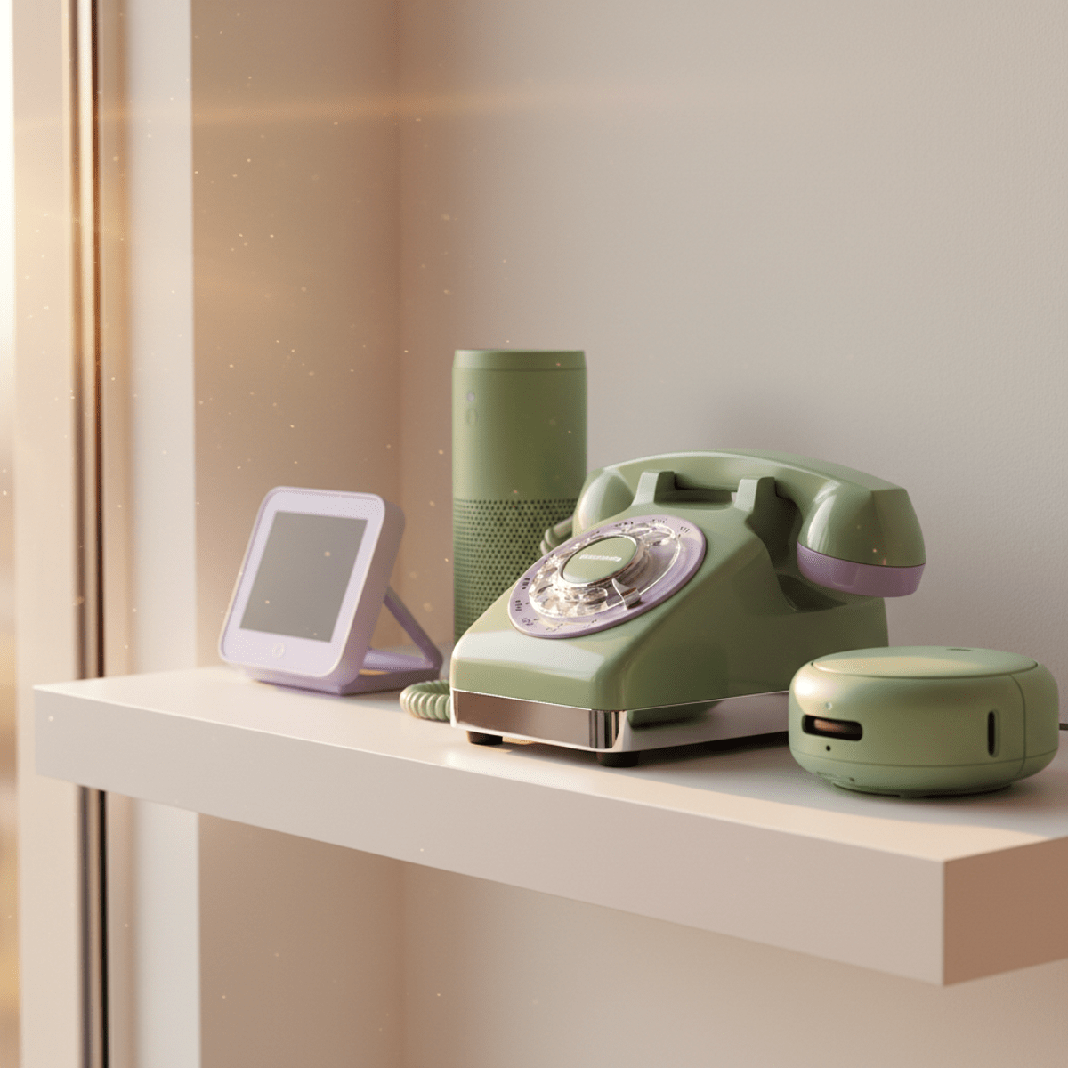 Sage green and lavender retro phone on a shelf with pastel smart devices.