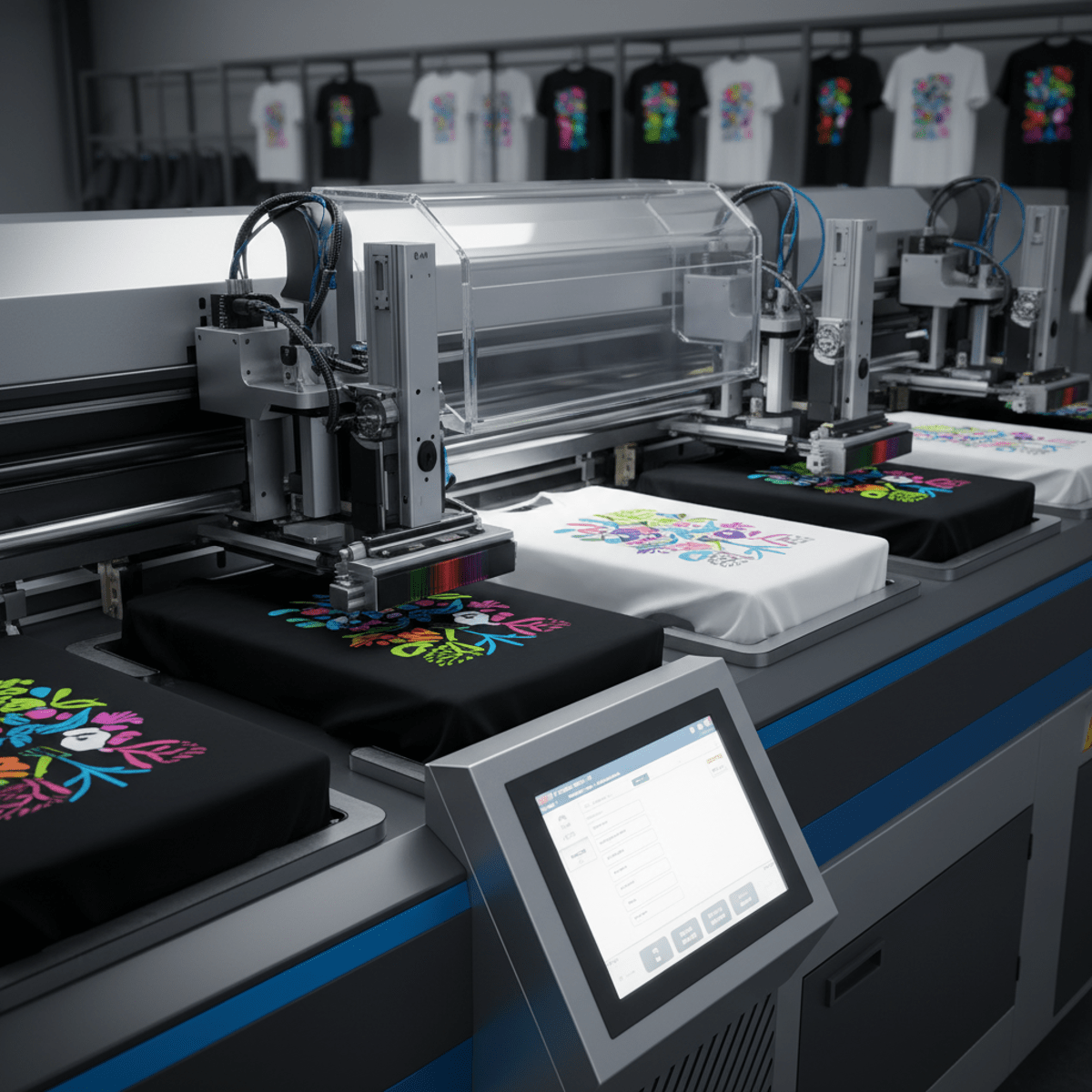 Advanced hybrid shirt printer with mechanical arms and digital print heads applying vivid designs.