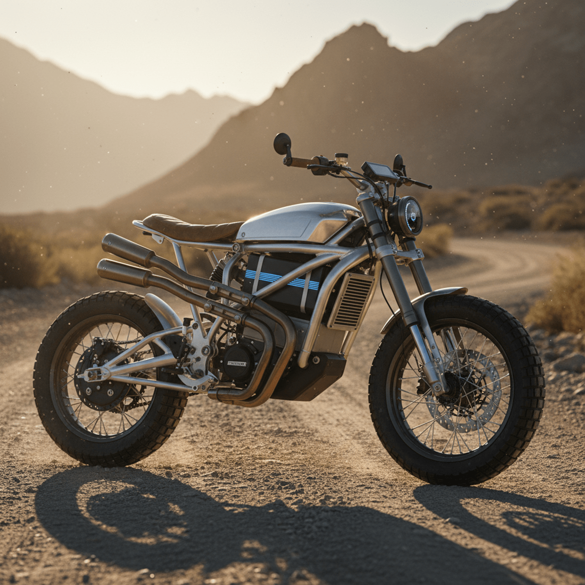 Retro electric motorcycle with exposed chassis parked on a dirt road at golden hour.