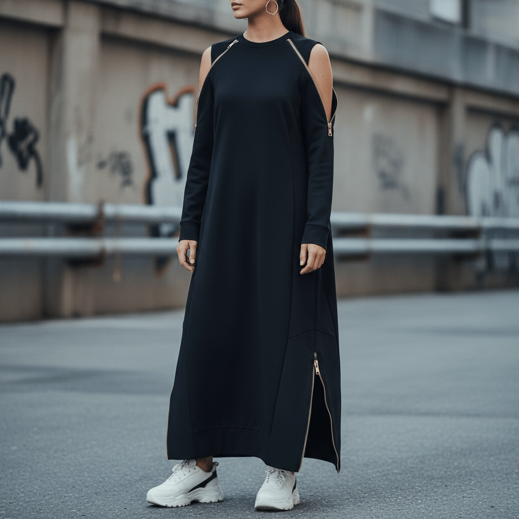 Model wears a matte black technical jersey dress with gold zippers in an urban setting.