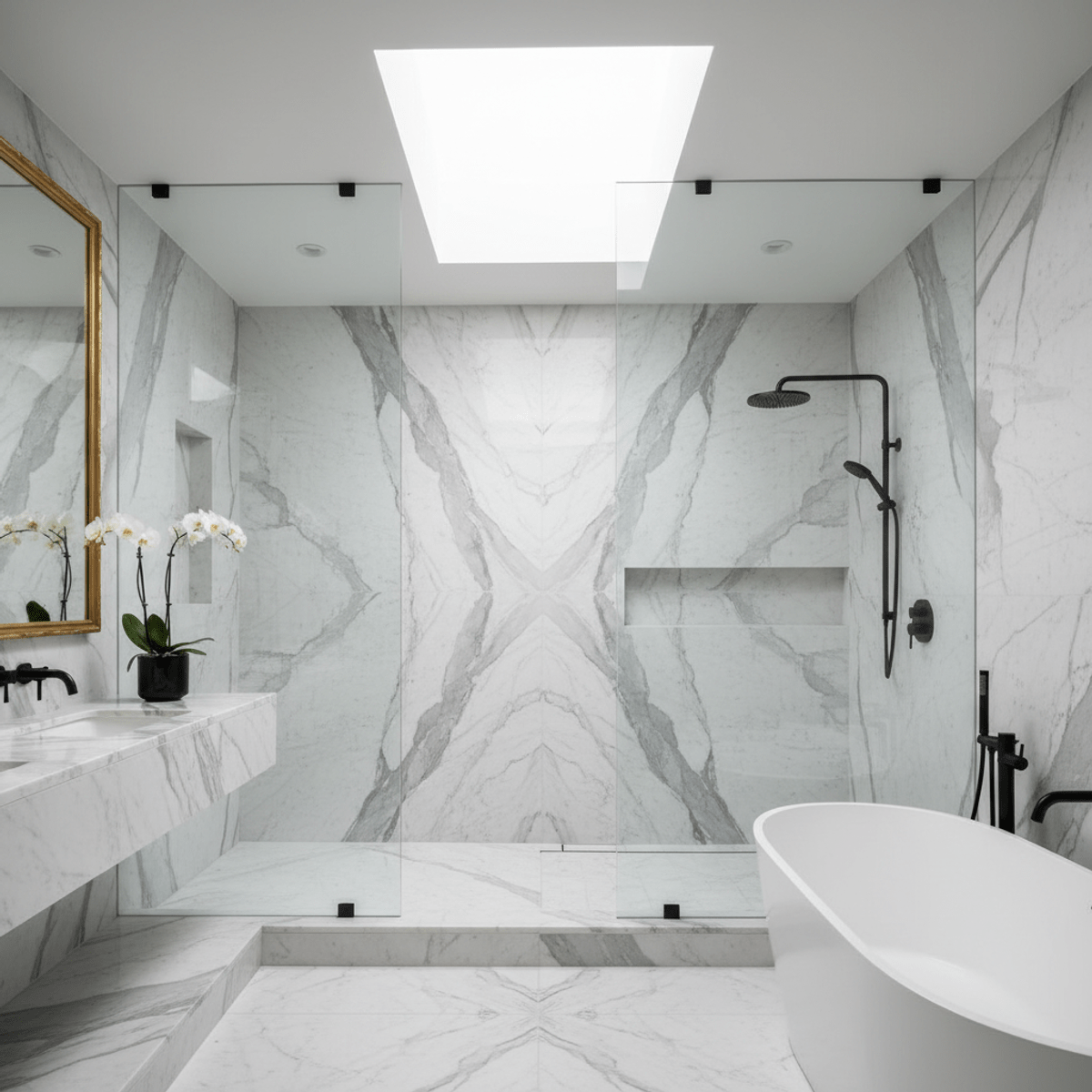 Luxurious walk-in shower with dramatic marble and modern fixtures. Spacious walk-in shower with bookmatched marble slabs and matte black fixtures.