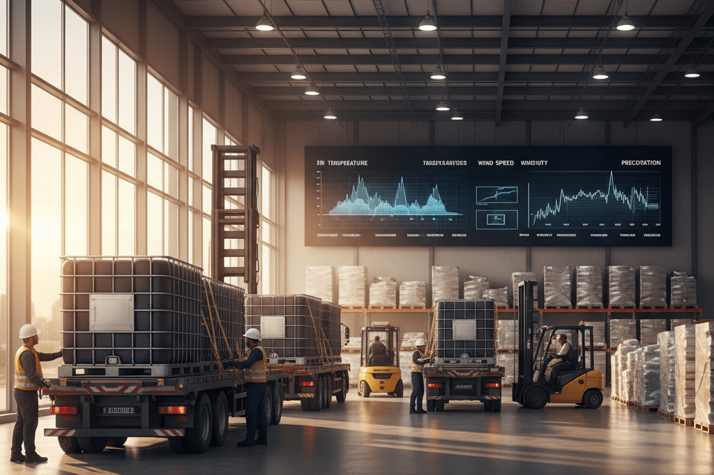 Modern warehouse with weather-resistant containers and digital climate monitors under natural light, symbolizing resilience against El Niño effects