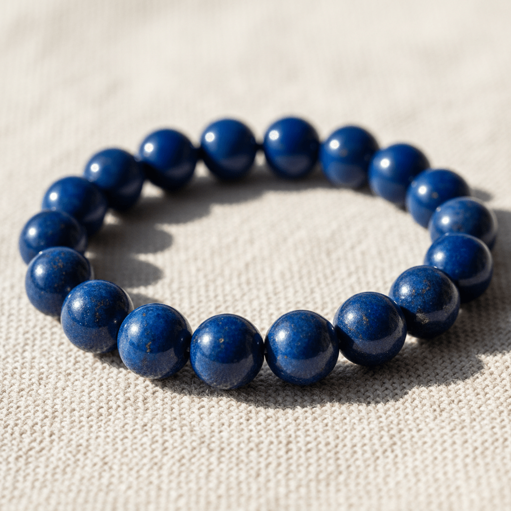Close-up of a blue Lapis Lazuli friendship bracelet with golden flecks on linen.