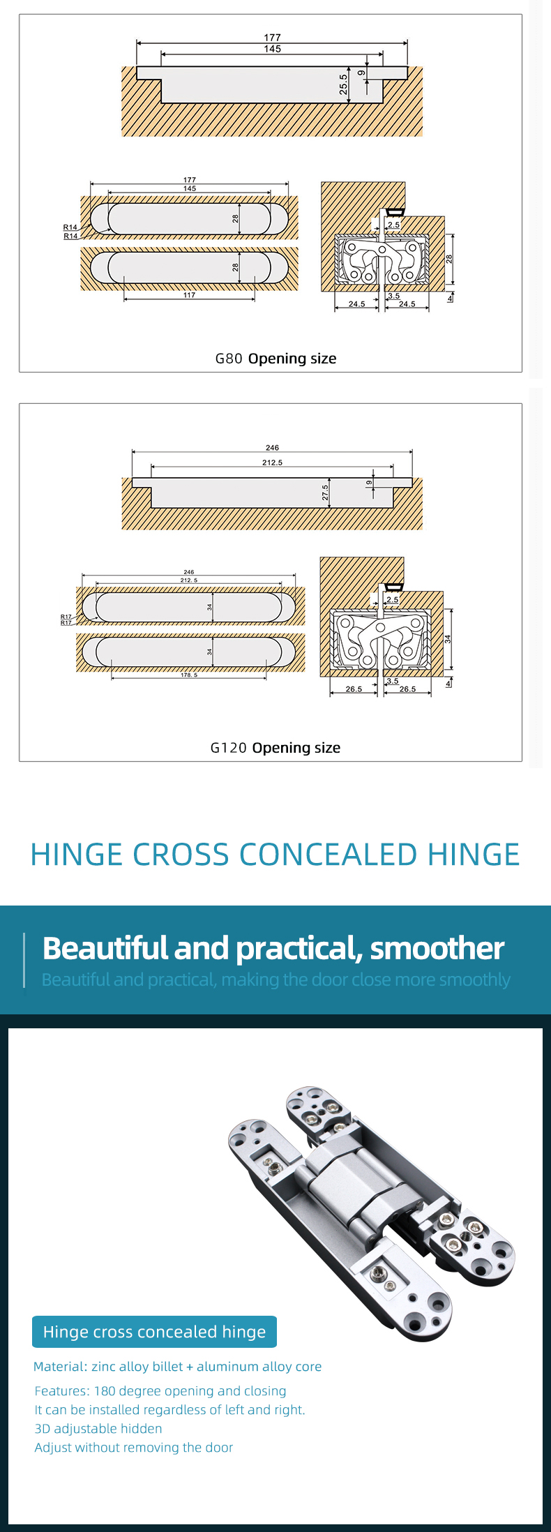 High quality 3D adjustable concealed hinge /Invisible door hinge
