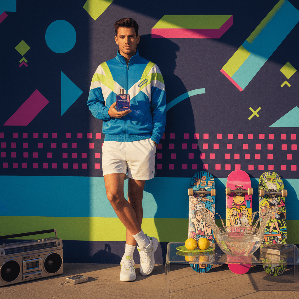 Man with retro sportswear and cologne bottle near 90s arcade graphics.
