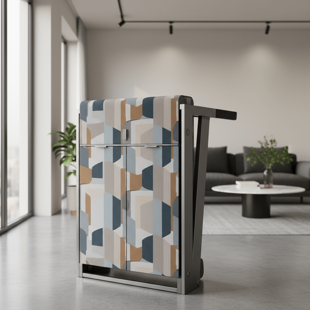 Sleek folding treadmill with abstract fabric cover in a minimalist urban apartment.