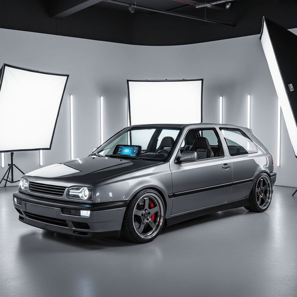 Sleek 1990s hatchback restomod in gunmetal, featuring modern tech in a classic design.