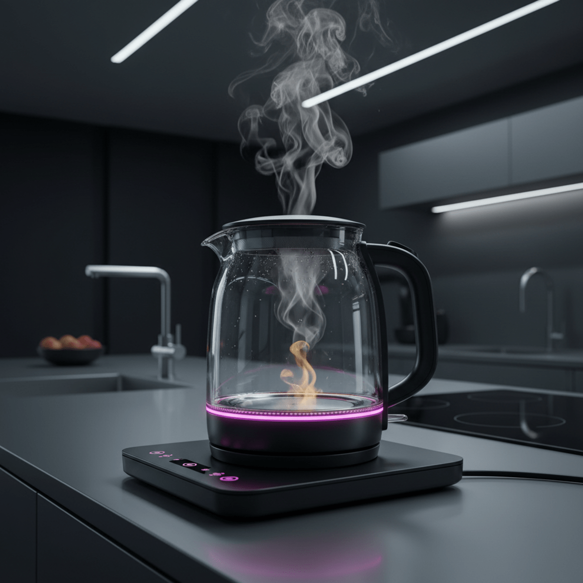 Modern glass tea kettle with glowing LED base in a sleek kitchen.