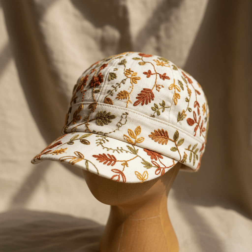 Handcrafted cotton cap with detailed botanical embroidery and textured stitching.