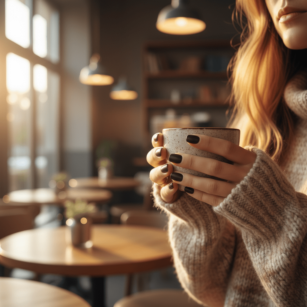 Woman in a cozy sweater holds a matte velvet espresso cup in warm café light.