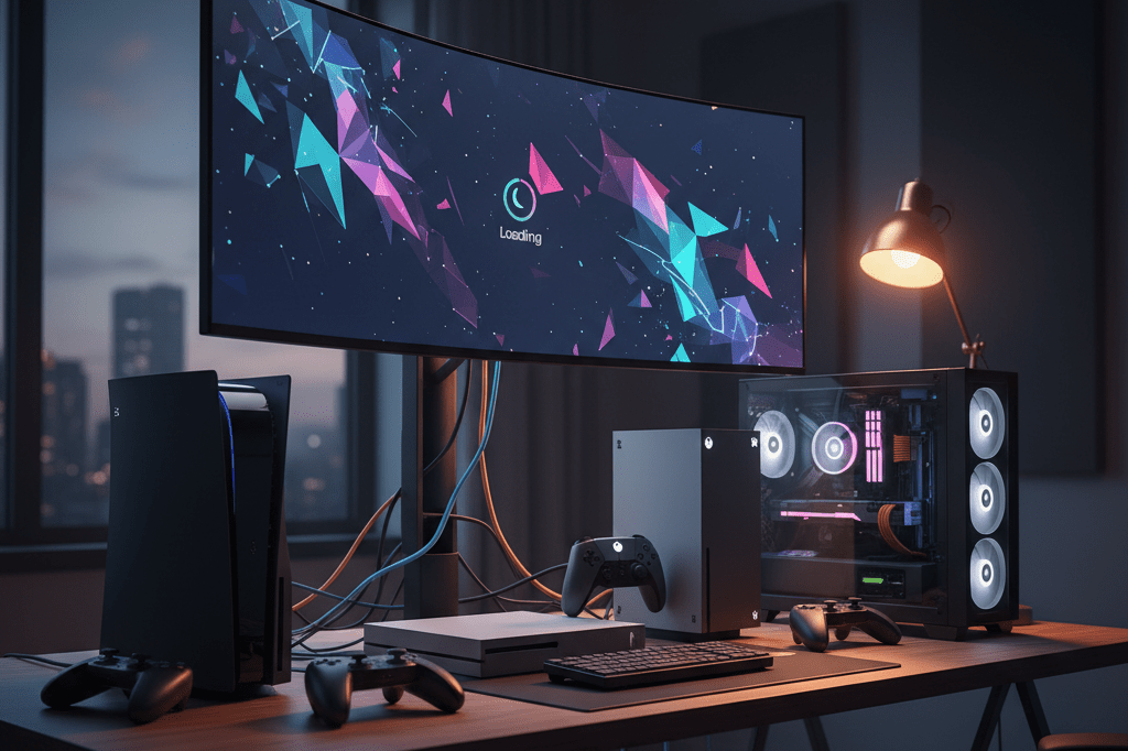 High-tech gaming station with consoles and PC under warm ambient light, representing multi-platform distribution strategy