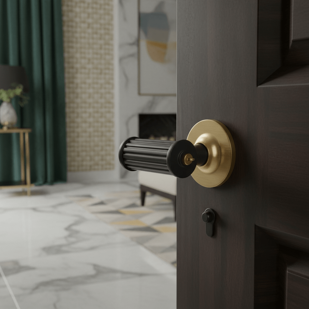 Elegant black door knob with fluted handle, Art Deco style, on polished marble.