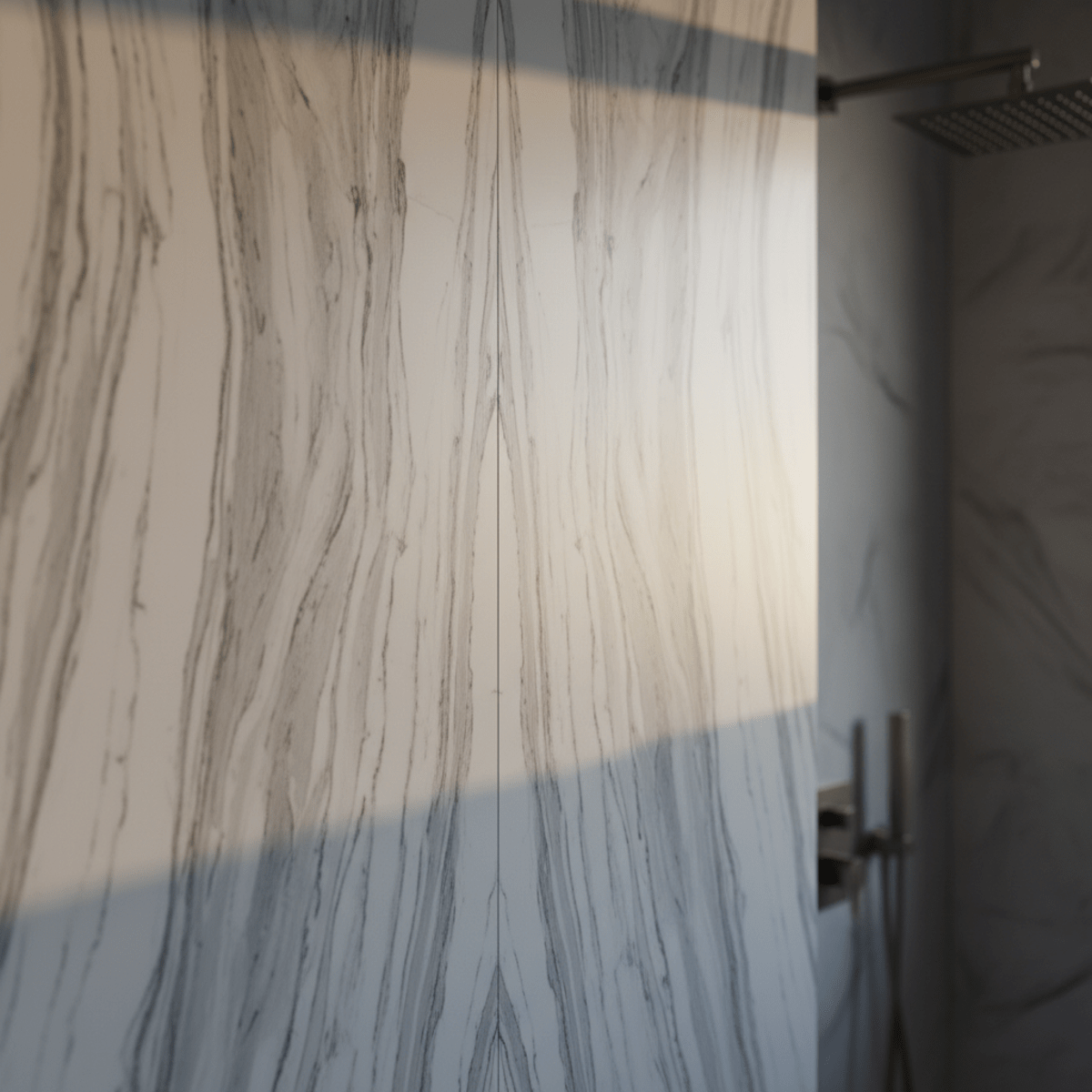 Close-up of grey and white marble-vein PVC wall paneling in a modern wet room.