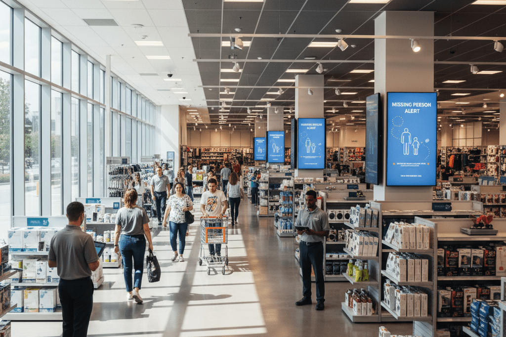 Bustling retail space with digital alert displays and staff using tablets, highlighting emergency response protocols