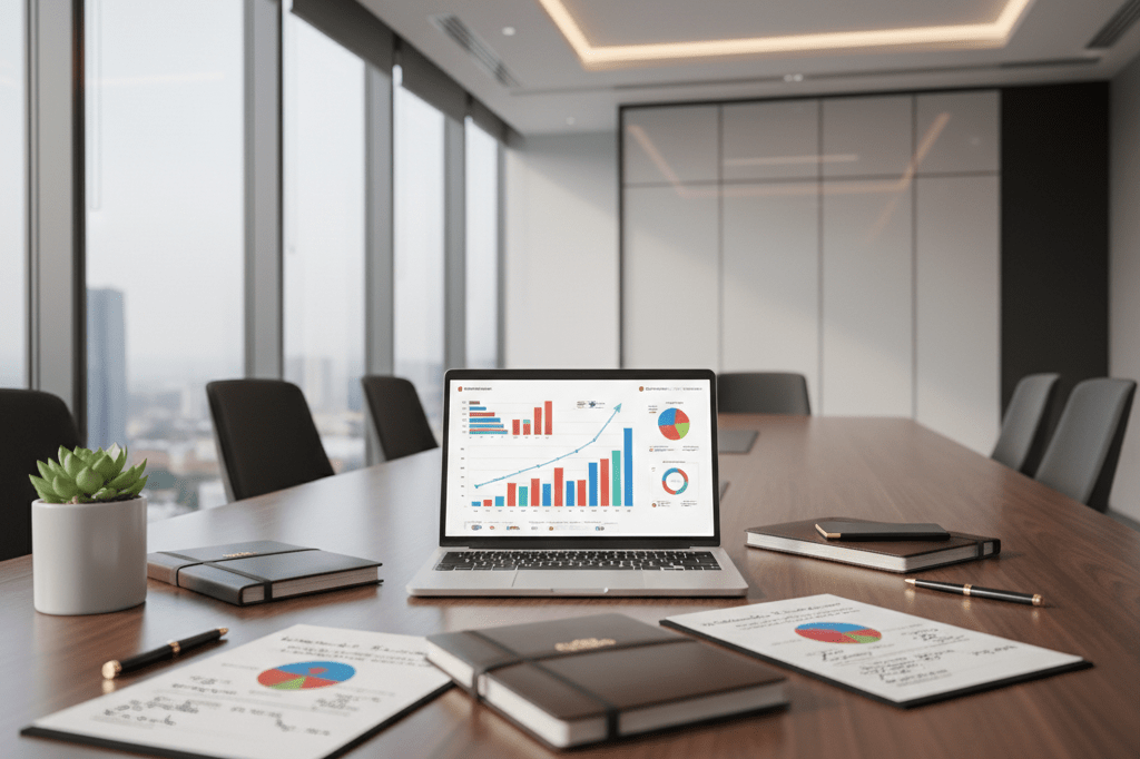 Wide shot of a meeting room table with laptop, notebooks, and plants under natural and ambient light, showcasing tools for business excellence