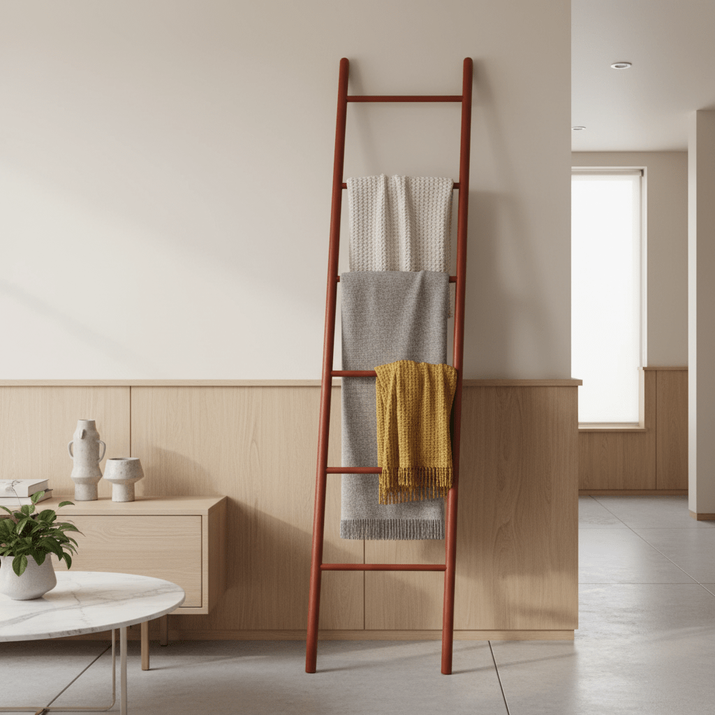 A terracotta powder-coated ladder leans against a minimalist living room wall.