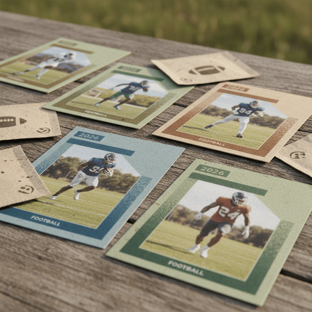 Eco-friendly football cards with natural textures on a wooden table.