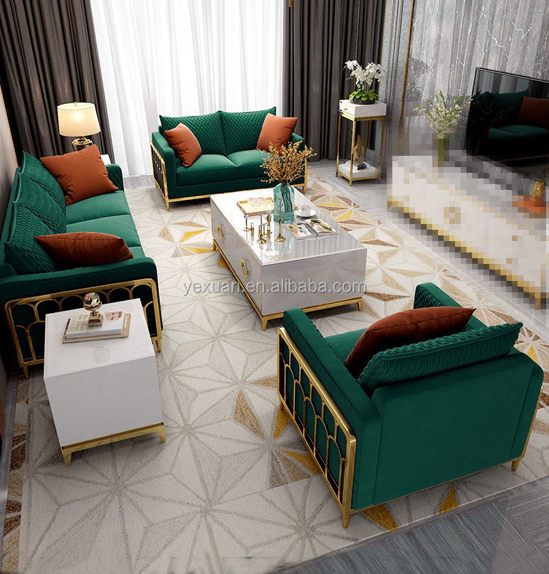 緑のベルベット生地布張りのリビングルームのソファセット豪華な金色の
