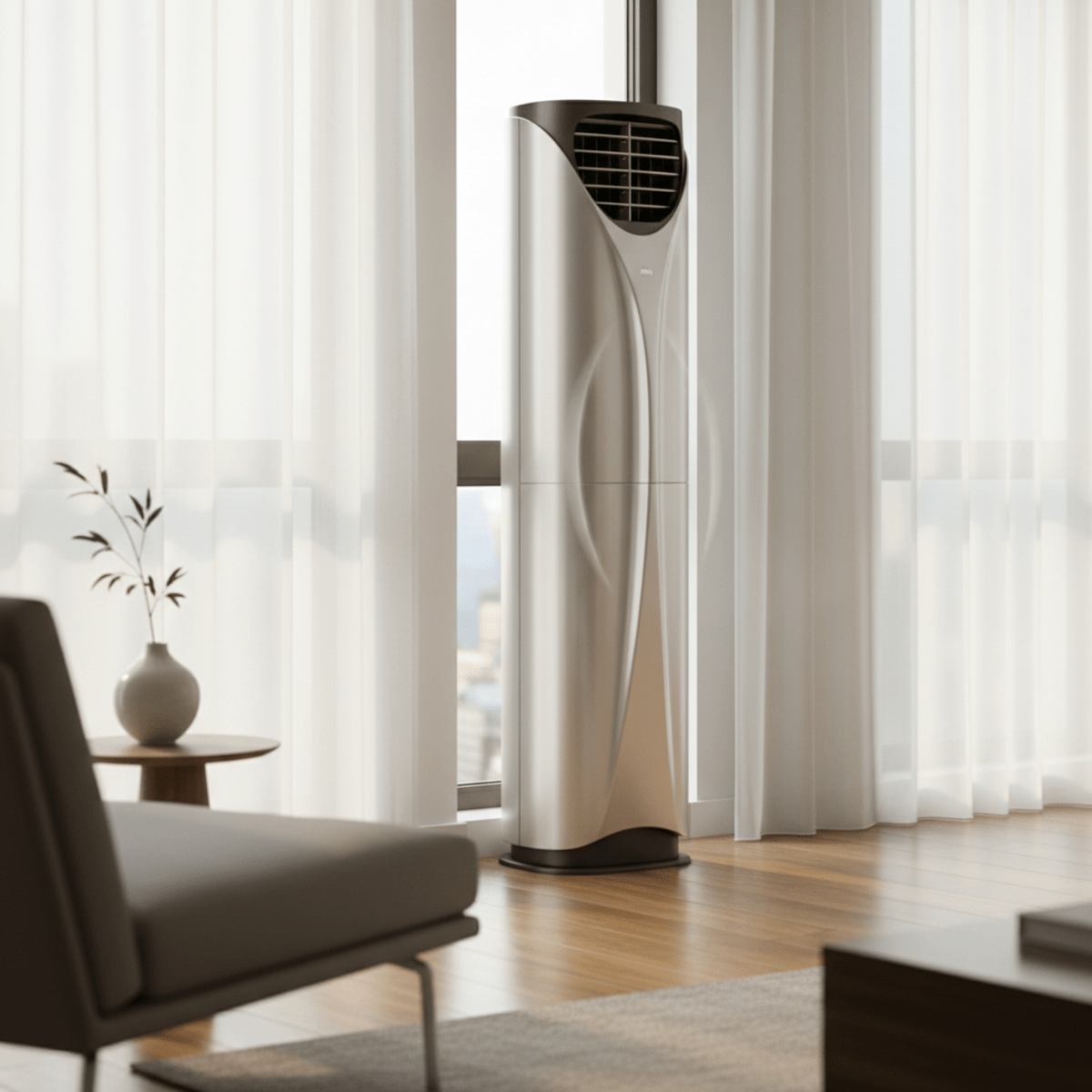 Sleek vertical air conditioner with oscillating fin in modern living room.