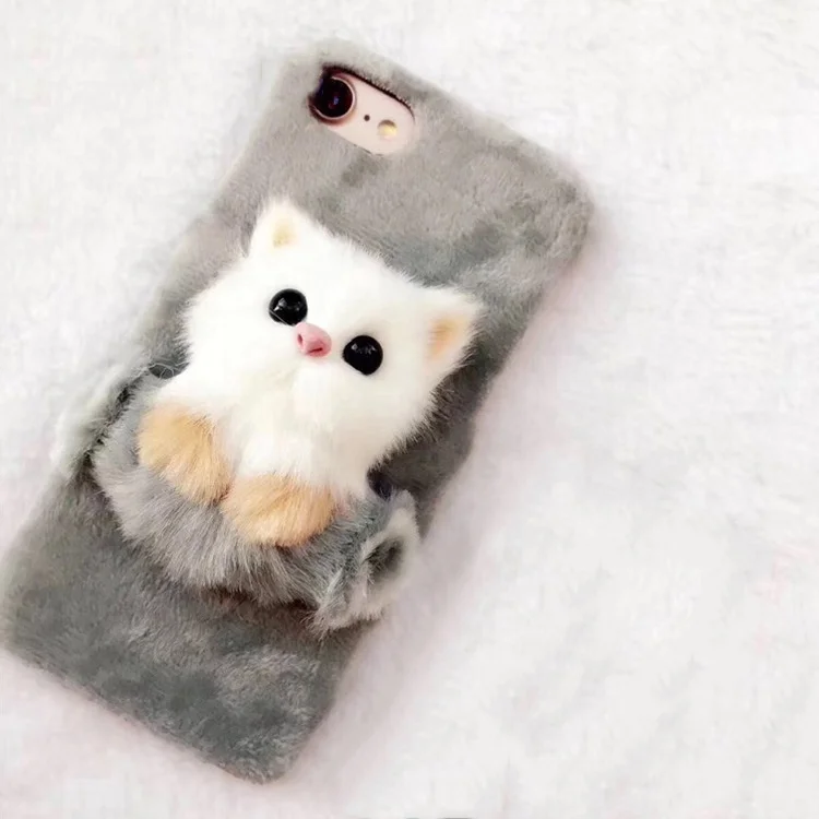 Новинка, Жесткий пластиковый Чехол для мобильного телефона из поликарбоната с объемными рисунками животных, пушистым мехом, милым котенком, котенком для iPhone 7 8