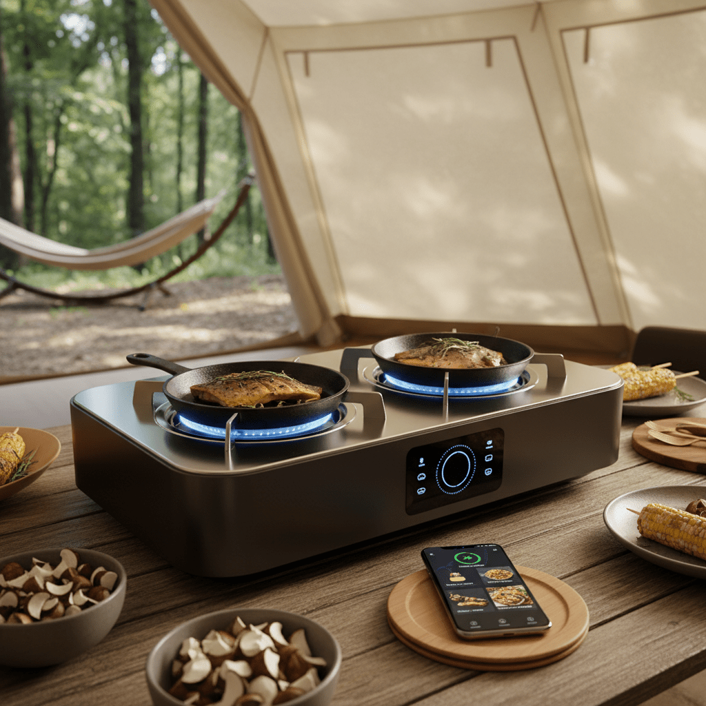 Modern portable gas range in a glamping tent with smartphone and gourmet dishes.