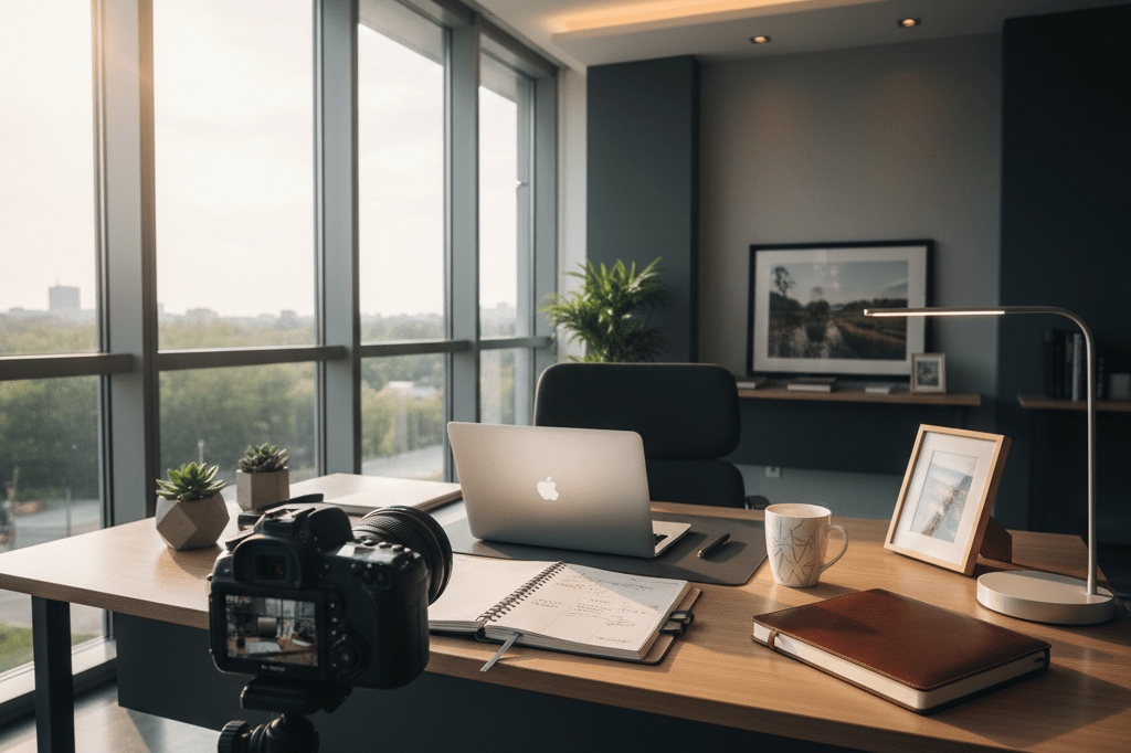 Sleek desk with personal items under natural light, symbolizing professional change and strategic expertise transfer