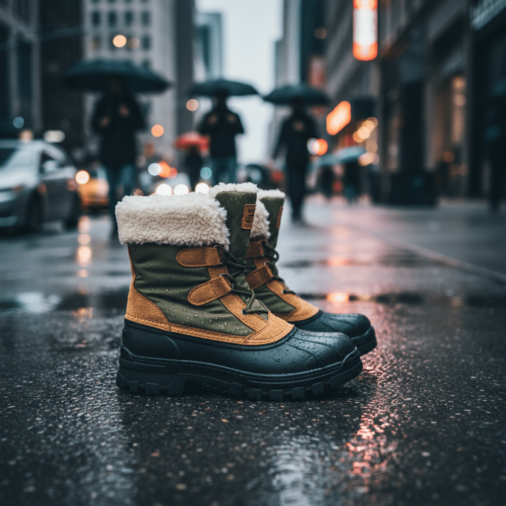 Fur-lined boots on wet city pavement Close-up of fur-lined boots on a wet city sidewalk after rain.