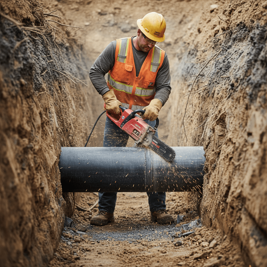 Utility worker uses chain saw to cut large ductile iron pipe in confined trench.