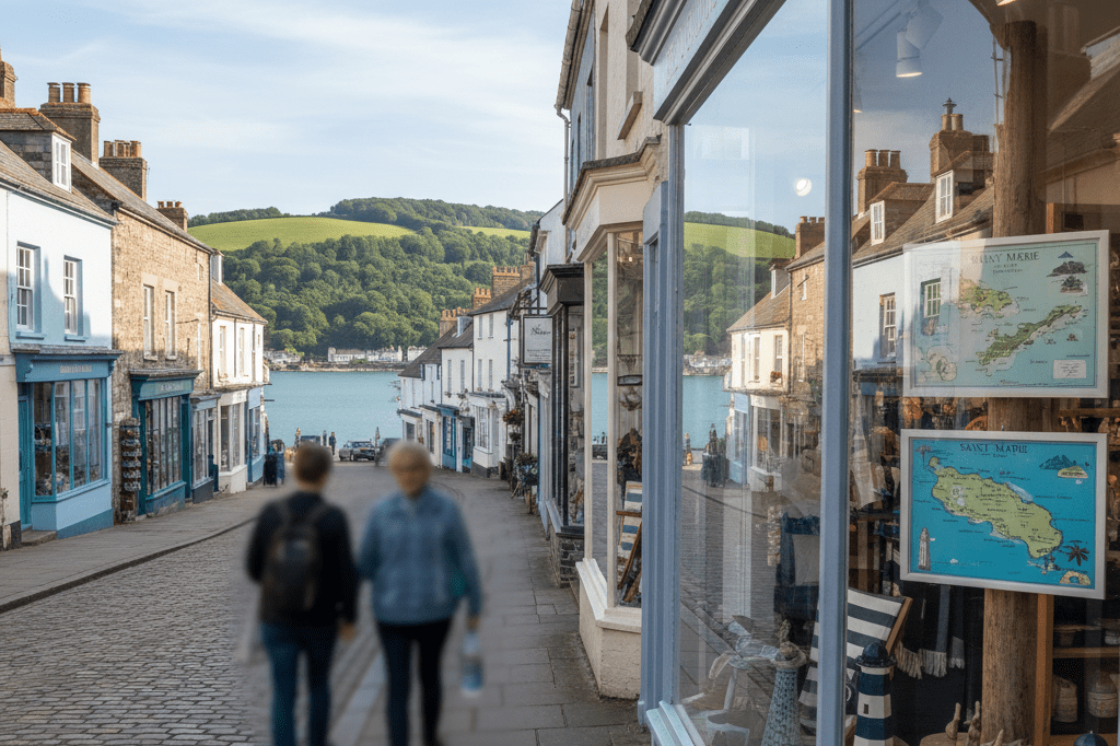 Picturesque Lyme Regis street featuring boutique shops and coastal-themed displays, highlighting screen tourism's economic impact