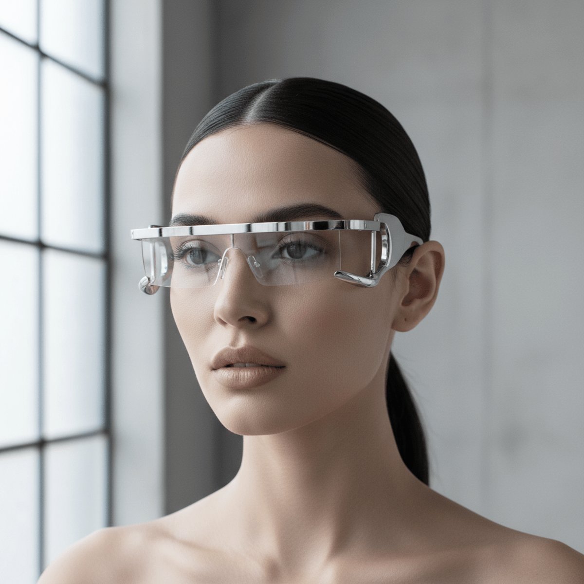 Avant-garde micro-shield sunglasses with geometric lenses and metallic accents.