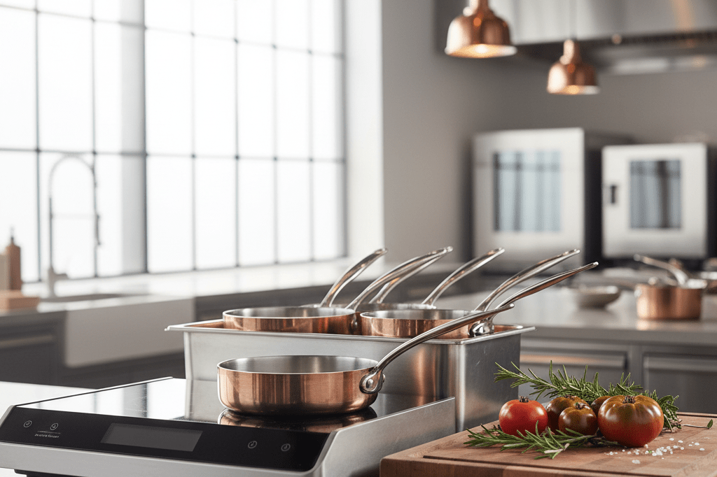 Medium shot of a professional kitchen counter featuring a precision induction unit, stainless steel prep station, and fresh herbs and tomatoes under natural studio lighting