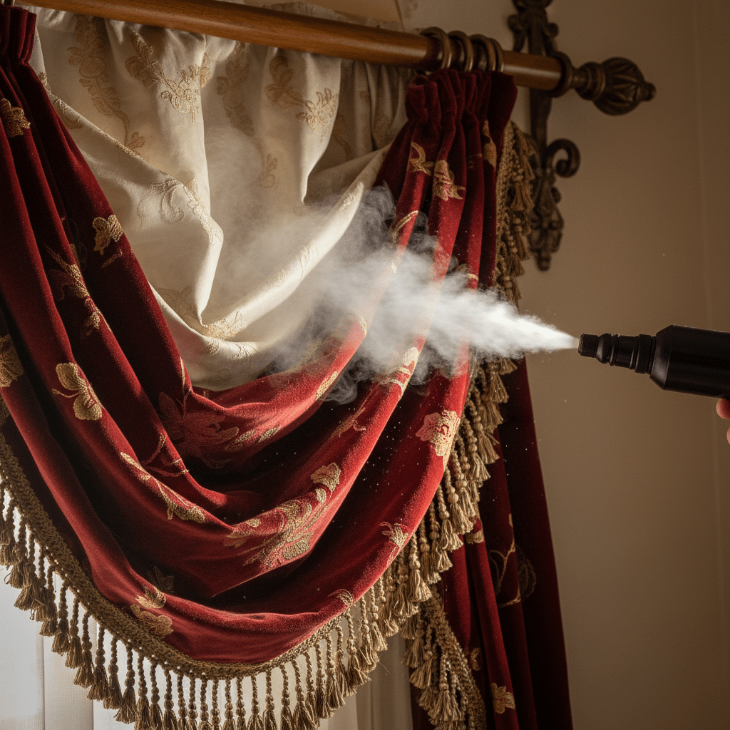 Bed bug steamer releasing vapor onto ornate vintage drapes with intricate folds.