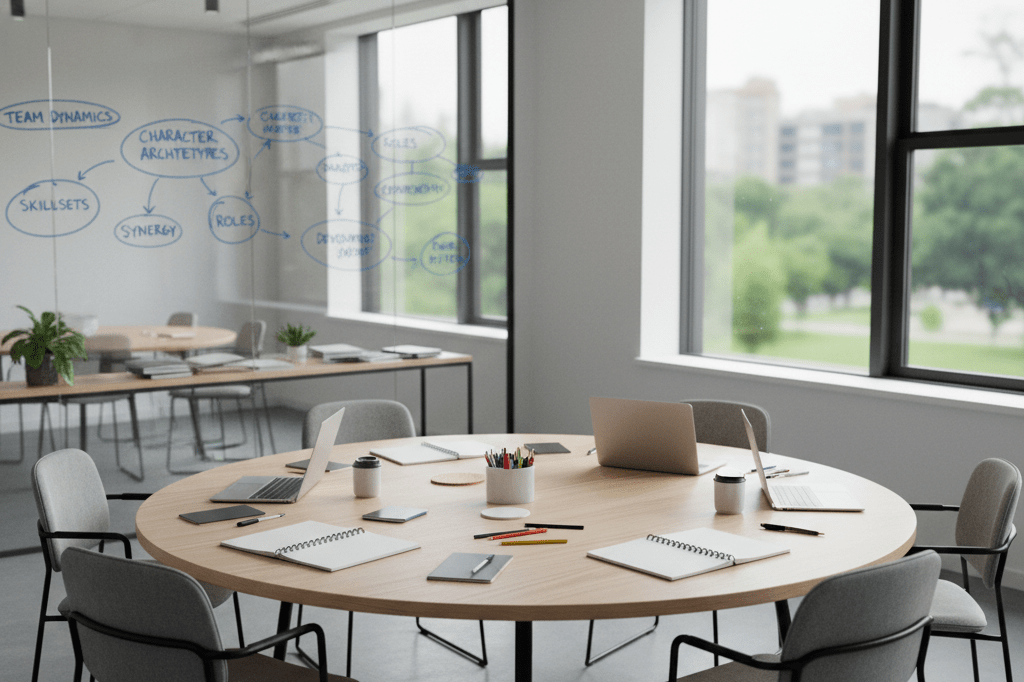 Round meeting table with notebooks and laptops under natural light, representing thoughtful team assembly strategies